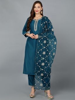 Vaamsi - Women Teal Silk Blend Embroidered Straight Kurta Pant with Dupatta (Set of 3)