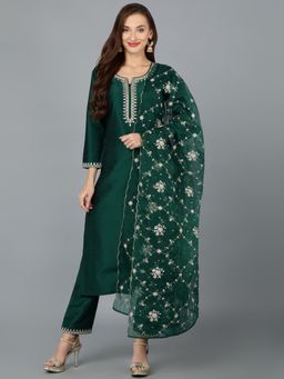 Vaamsi - Women Green Silk Blend Embroidered Straight Kurta Pant with Dupatta (Set of 3)