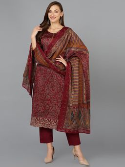 Vaamsi - Women Maroon Silk Blend Paisley Printed Straight Kurta Pant with Dupatta (Set of 3)