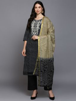 Vaamsi - Women Black Cotton Bandhani Embroidered Straight Kurta Pant with Dupatta (Set of 3)