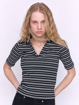 Cover Story - Ibiza Black and White Stripe Polo T-Shirt