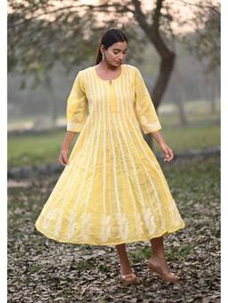 Oudhkari - Yellow Chikankari Anarkali Dress