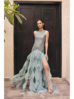 Old Marigold - St. Tropez Blue Embellished Frill Gown Dress