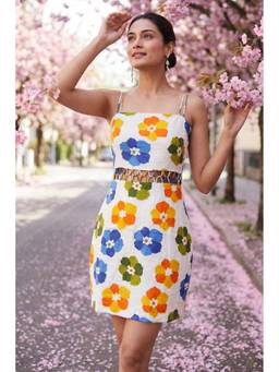 Western Era - Multi-Color Breathable Cotton Floral Print Multi Strap Short Dress
