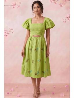 Western Era - Parrot Green Pleated Neck Puff Sleeve Embroidered Midi Dress
