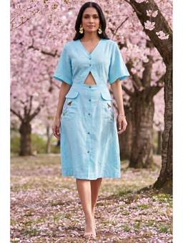 Western Era - Turquoise Cotton Shirt Midi Dress Featuring Buttoned Waist Cutout Midi Dress