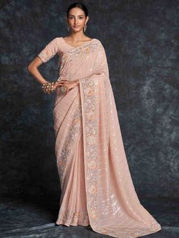 Odette - Peach Georgette Embroidered Saree With Unstitched Blouse
