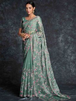 Odette - Green Organza Embroidered Saree With Unstitched Blouse