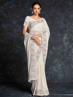 Odette - White Georgette Embroidered Saree With Unstitched Blouse