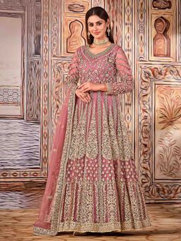 Odette - Pink Net Embroidered Semi Stitched Kurta (Set of 3)