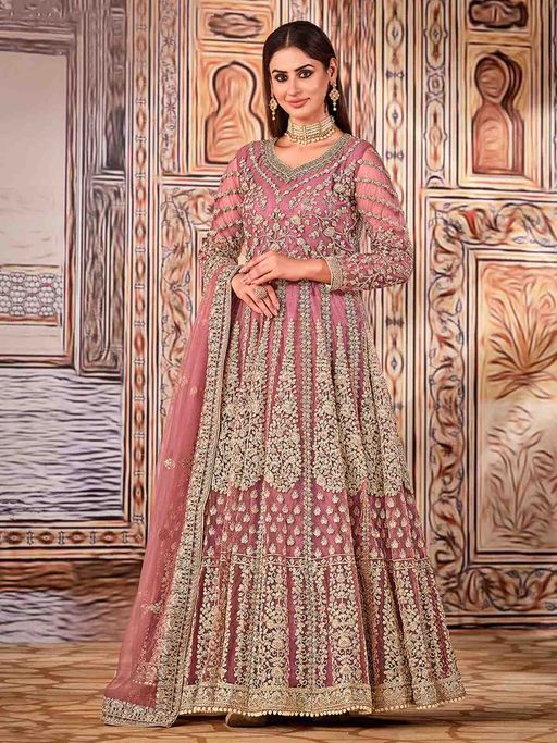 Odette Pink Net Embroidered Semi Stitched Kurta (Set of 3)