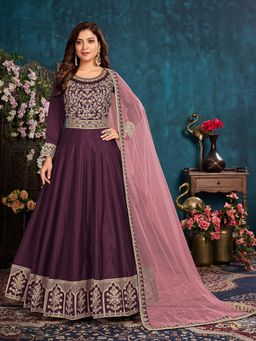 Odette - Voilet Art Silk Embroidered Semi Stitched Kurta (Set of 3)