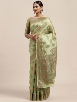 Sareemall - Womens Silk Blend Olive Woven Design Saree with Unstitched Blouse