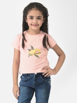 CRIMSOUNE CLUB - Girls Peach Cropped T-Shirt with Graphic Detail