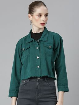 SHOWOFFFF - Womens Spread Collar Teal Frayed Solid Denim Jacket