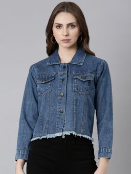 SHOWOFF - Womens Spread Collar Blue Solid Denim Jacket