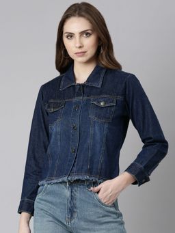 SHOWOFF - Womens Spread Collar Navy Blue Solid Denim Jacket
