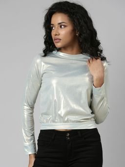 SHOWOFFFF - Womens Long Sleeves High Neck Blouson Metallic Solid Regular Top