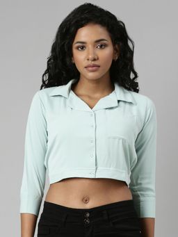 SHOWOFF - Womens Three Quarter Sleeves Blouson Sea Green Solid Crop Shirt