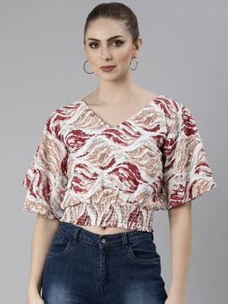 SHOWOFF - Womens Short Sleeves V-Neck Blouson Multicolor Abstract Crop Top