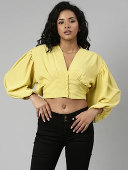 SHOWOFF - Womens Long Sleeves V-Neck Blouson Yellow Solid Crop Top