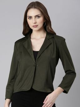 SHOWOFFFF - Womens Notched Lapel Regular Fit Olive Single-Breasted Blazer
