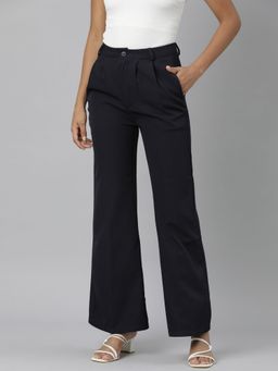 SHOWOFF - Womens Pleated Navy Blue Flared Solid Bootcut Trousers