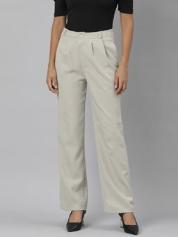 SHOWOFF - Womens Pleated Beige Straight Fit Solid Parallel Trousers