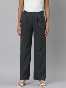 SHOWOFF - Womens Pleated Charcoal Straight Fit Solid Parallel Trousers