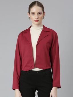 SHOWOFF - Womens Solid Long Sleeves Maroon Regular Open Front Shrug