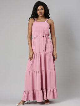 SHOWOFF - Womens Pink Shoulder Straps Sleeveless Fit and Flare Solid Maxi Dress (Set of 2)