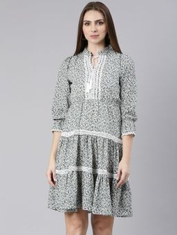 SHOWOFF - Womens Grey Tie-Up Neck Three Quarter Sleeves Fit and Flare Floral Above Knee Dress