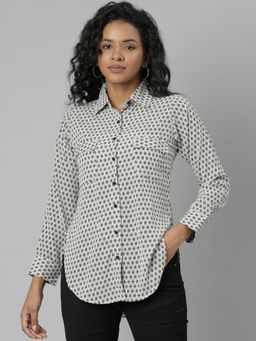 SHOWOFF - Womens Long Sleeves Spread Collar Micro Ditsy Off White Regular Shirts