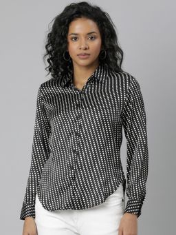 SHOWOFF - Womens Long Sleeves Spread Collar Polka Dots Black Regular Shirts