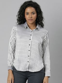 SHOWOFF - Womens Long Sleeves Spread Collar Polka Dots White Regular Shirts