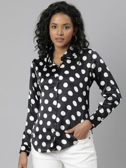 SHOWOFF - Womens Long Sleeves Spread Collar Polka Dots Black Regular Shirts