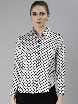SHOWOFFFF - Womens Long Sleeves Spread Collar Polka Dots White Regular Shirts