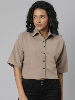 SHOWOFF - Womens Short Sleeves Spread Collar Solid Beige Crop Shirts