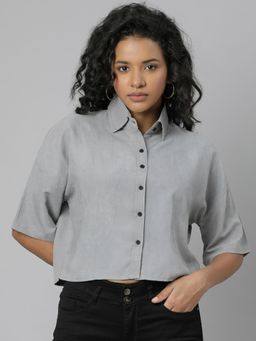 SHOWOFF - Womens Short Sleeves Spread Collar Solid Grey Crop Shirts