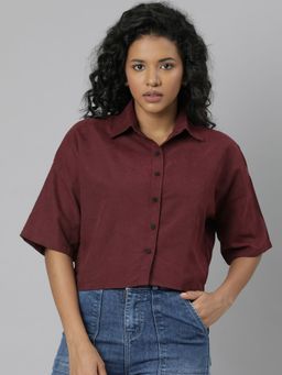 SHOWOFFFF - Womens Short Sleeves Spread Collar Solid Maroon Crop Shirts