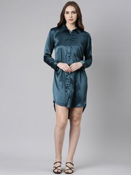 SHOWOFF - Womens Long Sleeves Spread Collar Solid Teal Mini Dress