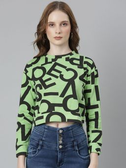 SHOWOFF - Womens Typography Round Neck Green Boxy Crop T-Shirt