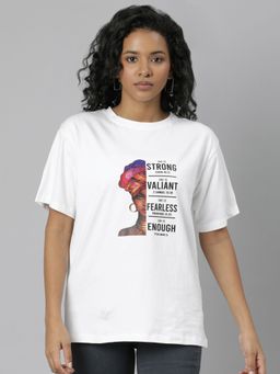 SHOWOFF - Womens Short Sleeves Round Neck White Boxy Fit Typography Regular T-Shirt