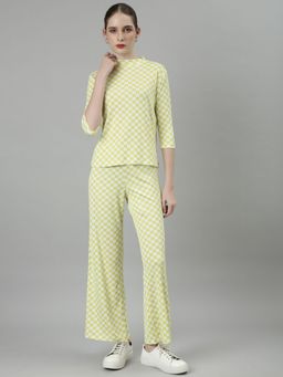 SHOWOFFFF - Womens High Neck Lime Green Three Quarter Sleeves Checked Co-Ord (Set of 2)