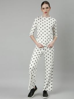 SHOWOFF - Womens High Neck White Three Quarter Sleeves Printed Co-Ord (Set of 2)