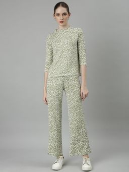 SHOWOFF - Womens High Neck Olive Three Quarter Sleeves Printed Co-Ord (Set of 2)