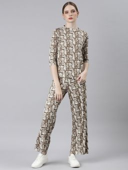 SHOWOFF - Womens High Neck Olive Three Quarter Sleeves Printed Co-Ord (Set of 2)