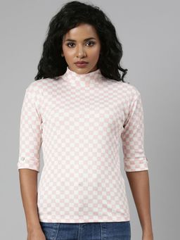SHOWOFF - Womens Short Sleeves High Neck Pink Checked Regular Top