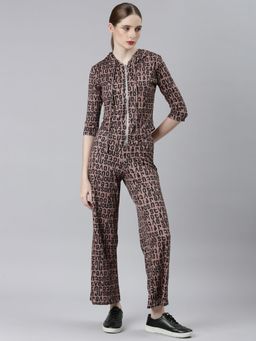 SHOWOFF - Womens Hood Brown Three Quarter Sleeves Printed Co-Ord (Set of 2)