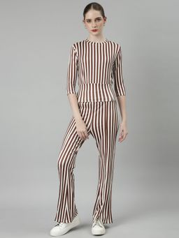 SHOWOFF - Womens Round Neck Brown Three Quarter Sleeves Striped Co-Ord (Set of 2)